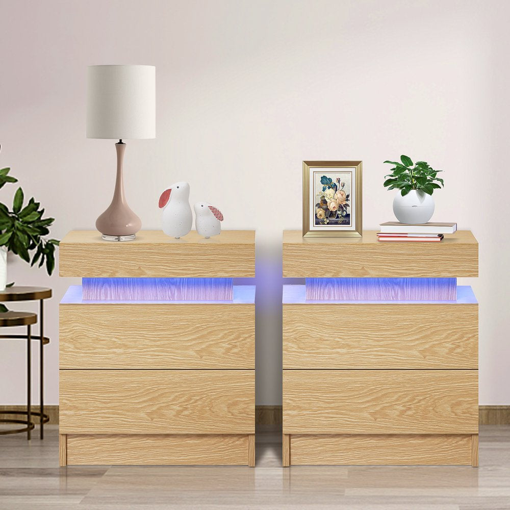 2 Drawer Modern Nightstand with RGB LED Light High Gloss Bedside Tables for Bedroom Gray Black