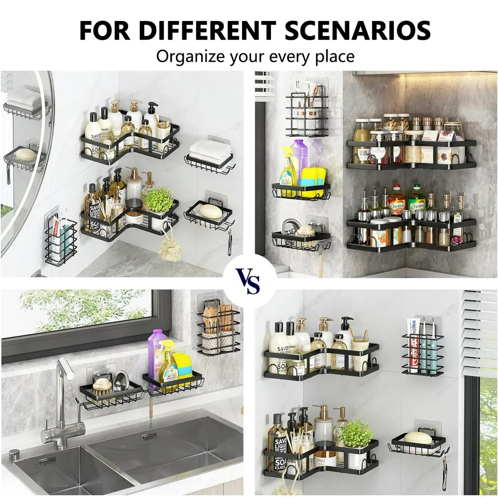 5 PCS Corner Shower Caddy Shower Organizer, 2 Tier Self-Adhesive Bathroom Organizer Shower Caddy Basketwith Soap & Toothbrush Holder, Wall Mounted Rustproof Stainless Steel Shower Rack