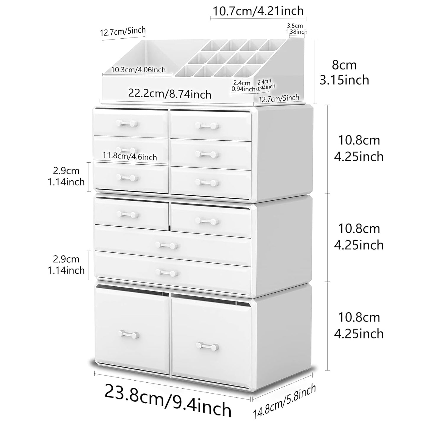 Makeup Cosmetic Organizer Storage Drawers Display Boxes Case with 12 Drawers (White)