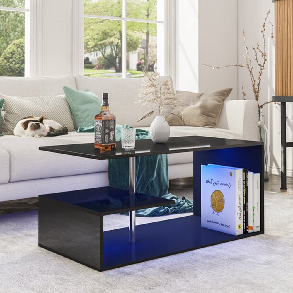 High Gloss Coffee Table with Open Shelf LED Lights Smart APP Control White Center Sofa End Table S Shaped Modern Cocktail Tables with for Living Room