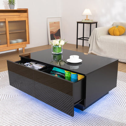 Coffee Table with 4 Drawers LED Center Table Sofa Side Tea Tables Black High Gloss Finish