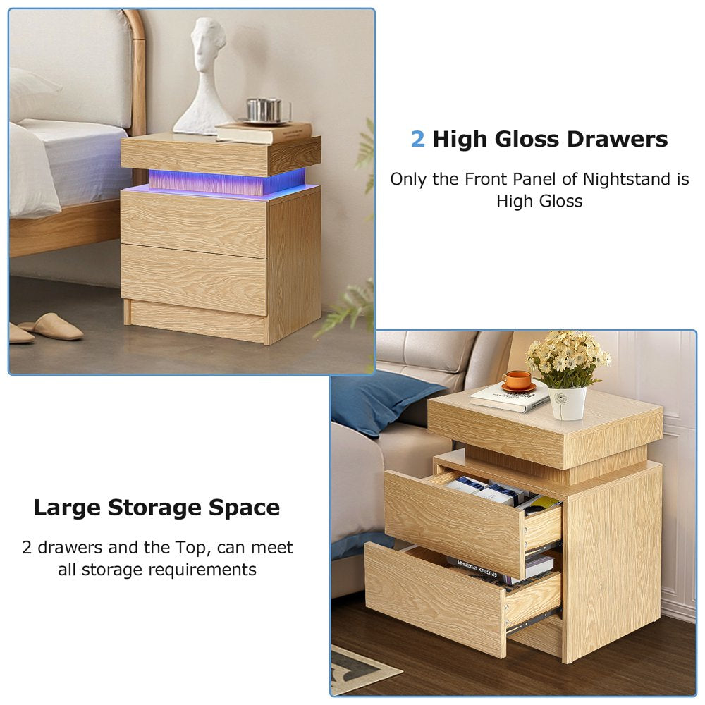 2 Drawer Modern Nightstand with RGB LED Light High Gloss Bedside Tables for Bedroom Gray Black