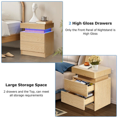 2 Drawer Modern Nightstand with RGB LED Light High Gloss Bedside Tables for Bedroom Gray Black