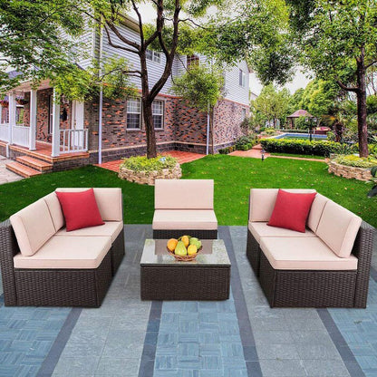 6 Pieces Outdoor Sectional Sofa Set PE Wicker Rattan Sectional Seating Group with Cushions and Table, Beige, Sectional Sets