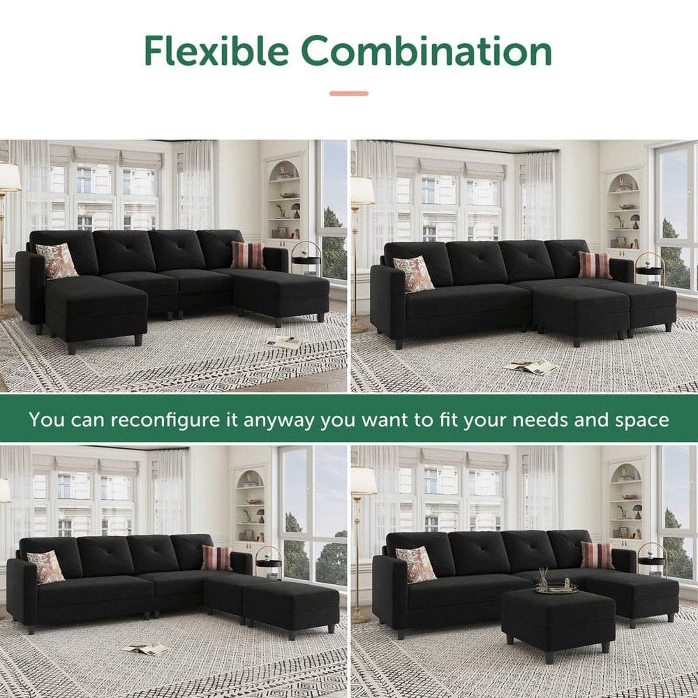 Velvet L/U Shaped Sectional Sofa Couch with Reversible Chaise and Ottoman for Apartment, Black