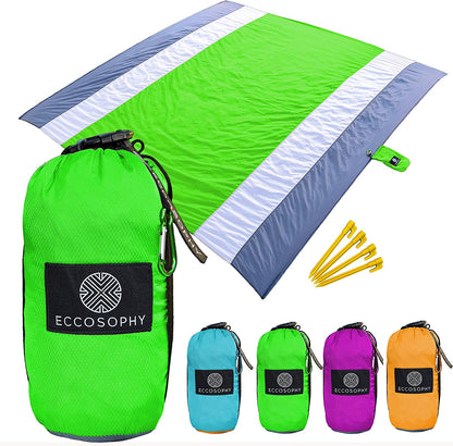 Sandproof Beach Blanket - Oversized Sand Free Beach Mat 9'X10' - Lightweight Outdoor Picnic Blanket Anchored with 4 Corner Sand Pockets & Plastic Stakes - Heat Proof, Quick Drying & Compact