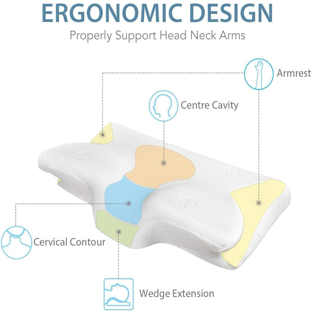 Memory Foam Pillow Ergonomic Pillows for Neck Shoulder Back Support, Contour Pillow for Side Sleeper with Machine Washable Pillowcase - White