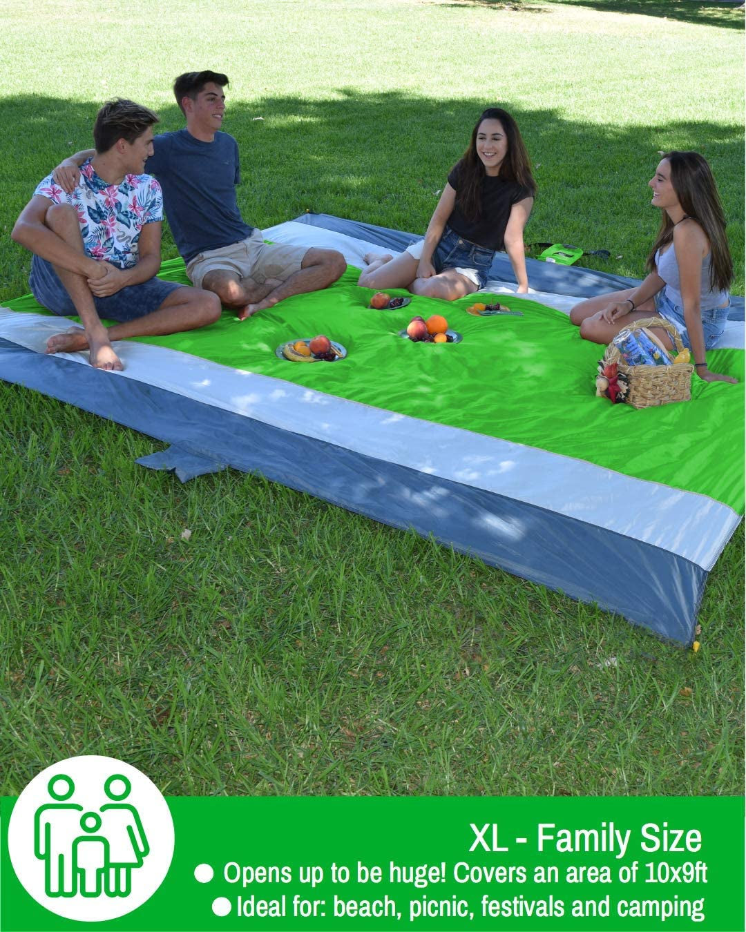 Sandproof Beach Blanket - Oversized Sand Free Beach Mat 9'X10' - Lightweight Outdoor Picnic Blanket Anchored with 4 Corner Sand Pockets & Plastic Stakes - Heat Proof, Quick Drying & Compact