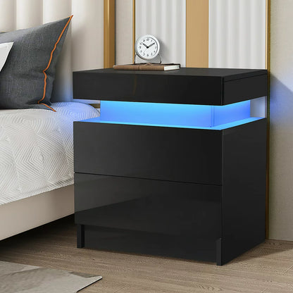 2 Drawer Modern Nightstand with RGB LED Light High Gloss Bedside Tables for Bedroom Black