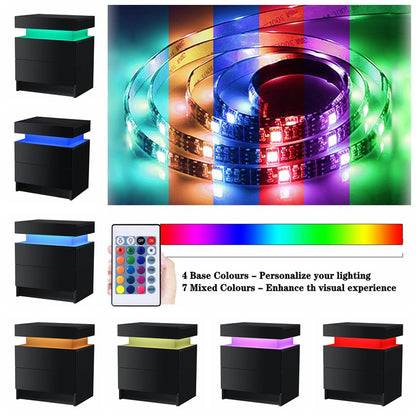 2 Drawer Modern Nightstand with RGB LED Light High Gloss Bedside Tables for Bedroom Black