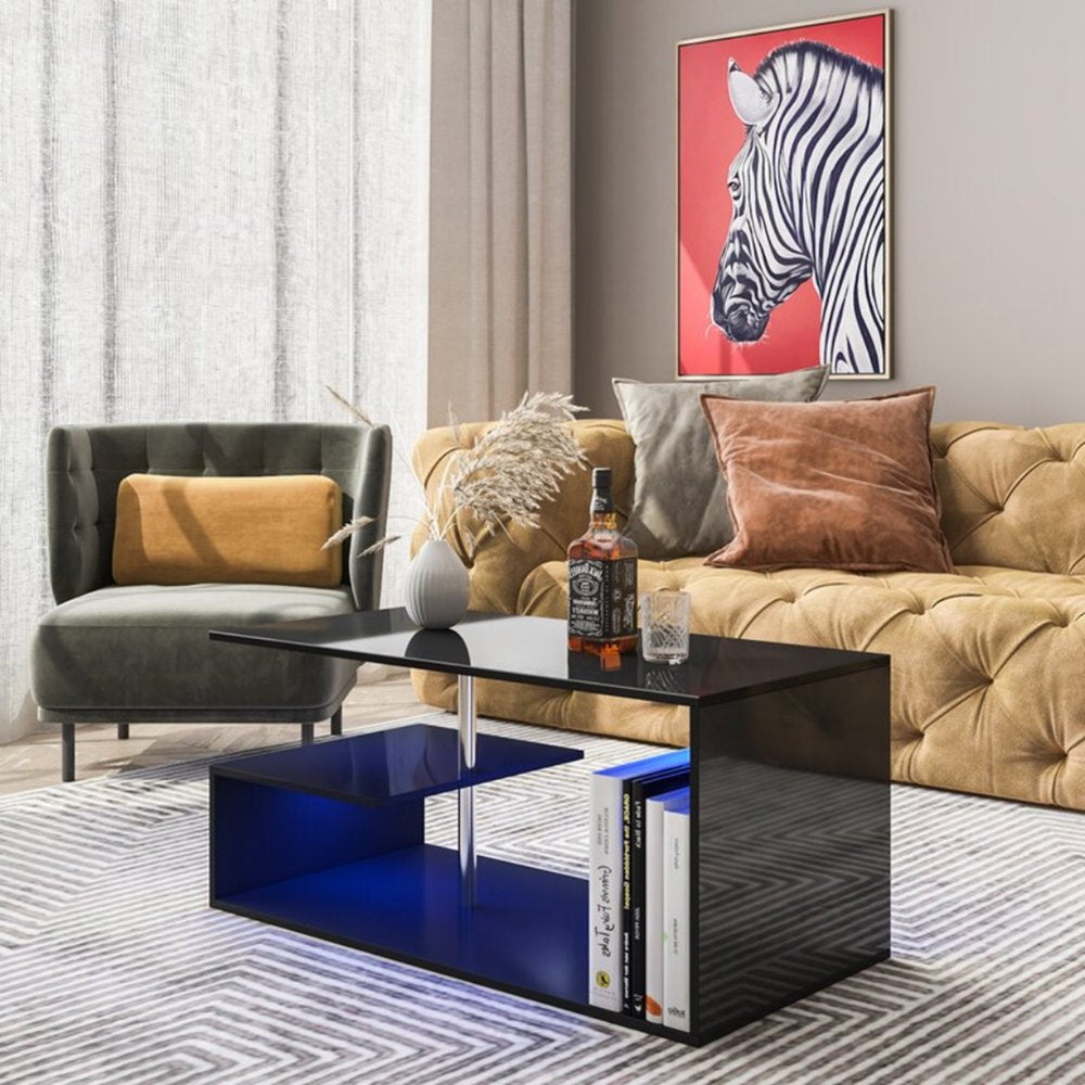 High Gloss Coffee Table with Open Shelf LED Lights Smart APP Control White Center Sofa End Table S Shaped Modern Cocktail Tables with for Living Room