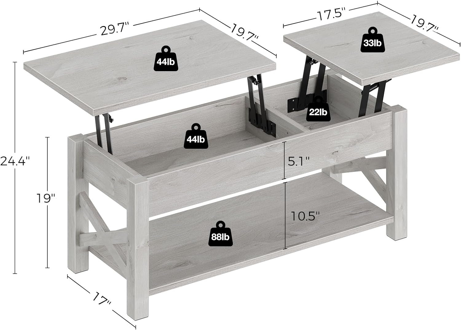 Coffee Table 47.2", 2 Way Lift Top Farmhouse Center Table with Hidden Compartment, Open Shelf & X Wooden Support for Living Room, Grey