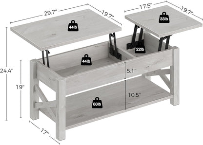 Coffee Table 47.2", 2 Way Lift Top Farmhouse Center Table with Hidden Compartment, Open Shelf & X Wooden Support for Living Room, Grey