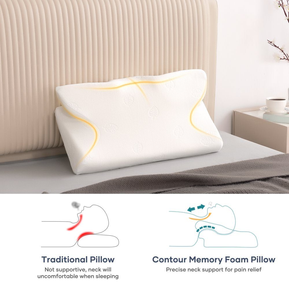 Memory Foam Pillow Ergonomic Pillows for Neck Shoulder Back Support, Contour Pillow for Side Sleeper with Machine Washable Pillowcase - White