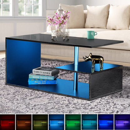 High Gloss Coffee Table with Open Shelf LED Lights Smart APP Control White Center Sofa End Table S Shaped Modern Cocktail Tables with for Living Room