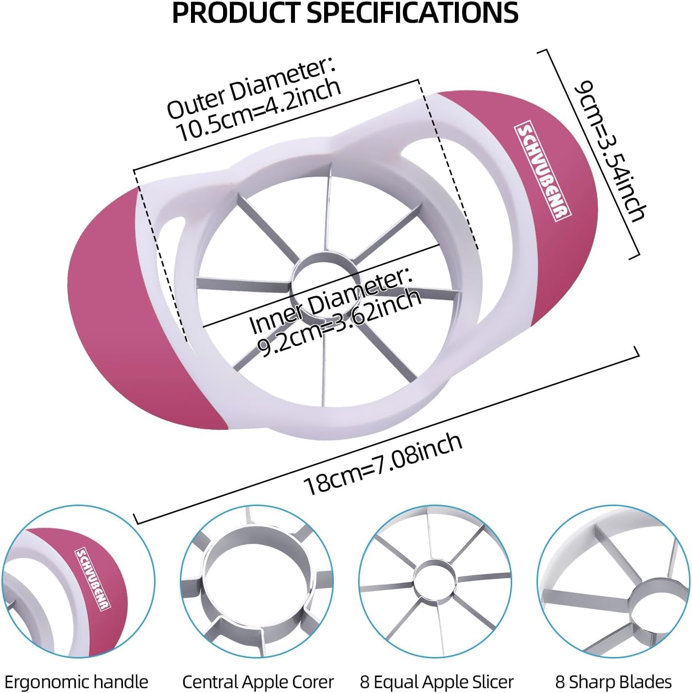 3.5 Inch Apple Slicer - Professional Apple Cutter - Stainless Steel Apple Corer - Super Sharp Apple Slicer and Corer - Apple Corer Tool with 8 Sharp Blades(Pink)