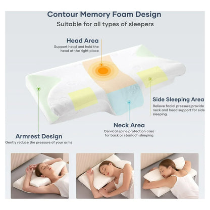 Memory Foam Pillow Ergonomic Pillows for Neck Shoulder Back Support, Contour Pillow for Side Sleeper with Machine Washable Pillowcase - White